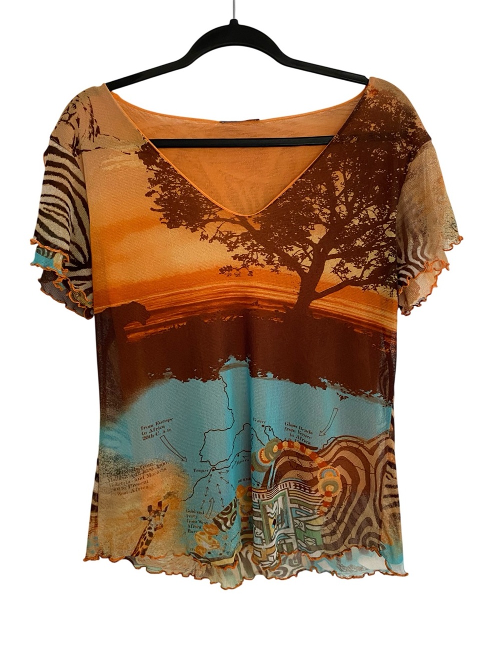 Vintage Y2K Mesh Top Katmai Safari Lion Front Back Graphic Ruffle Africa Map Tee